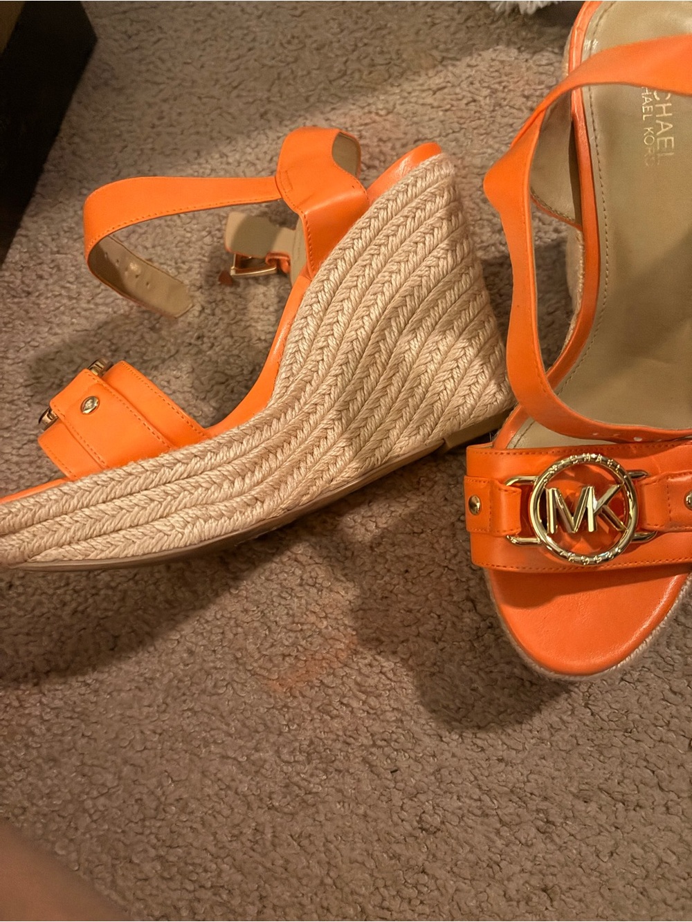 Michael Kors Bright Orange Leather Wedge Sandals with Gold MK Hardware - Picture 2 of 3